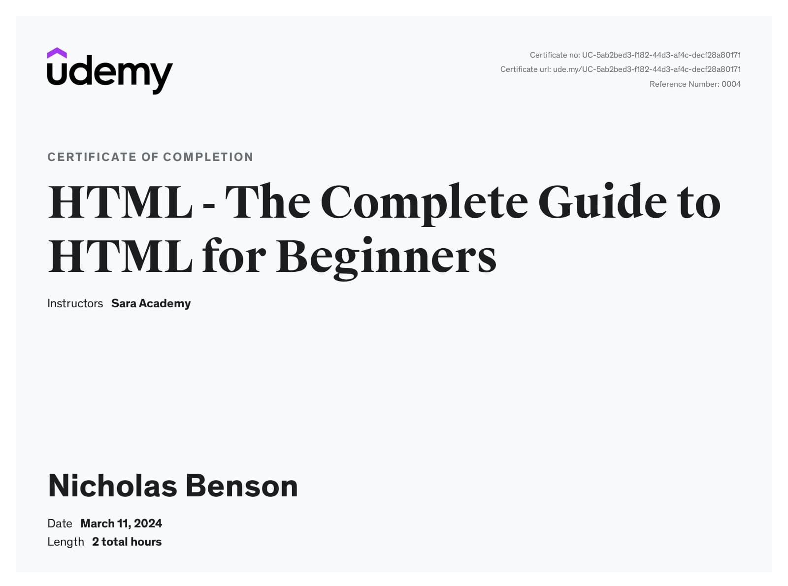 HTML for Beginners — Udemy Certification