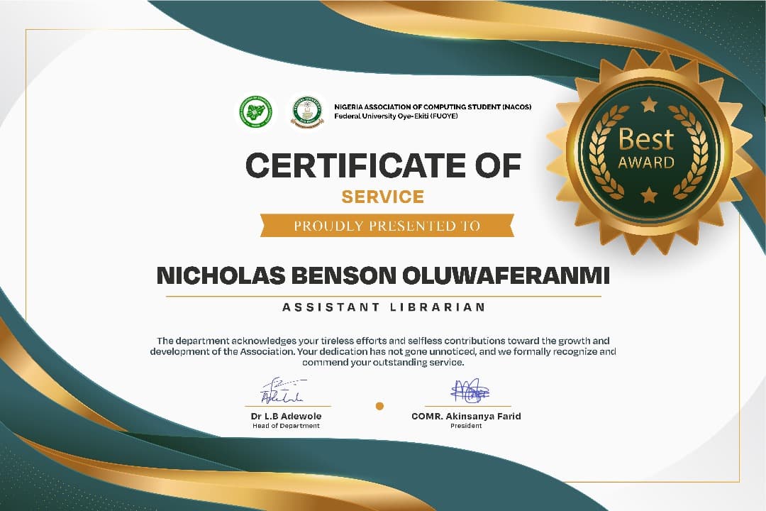 Asst. Librarian Certificate of Service — Department of Computer Science, FUOYE Award