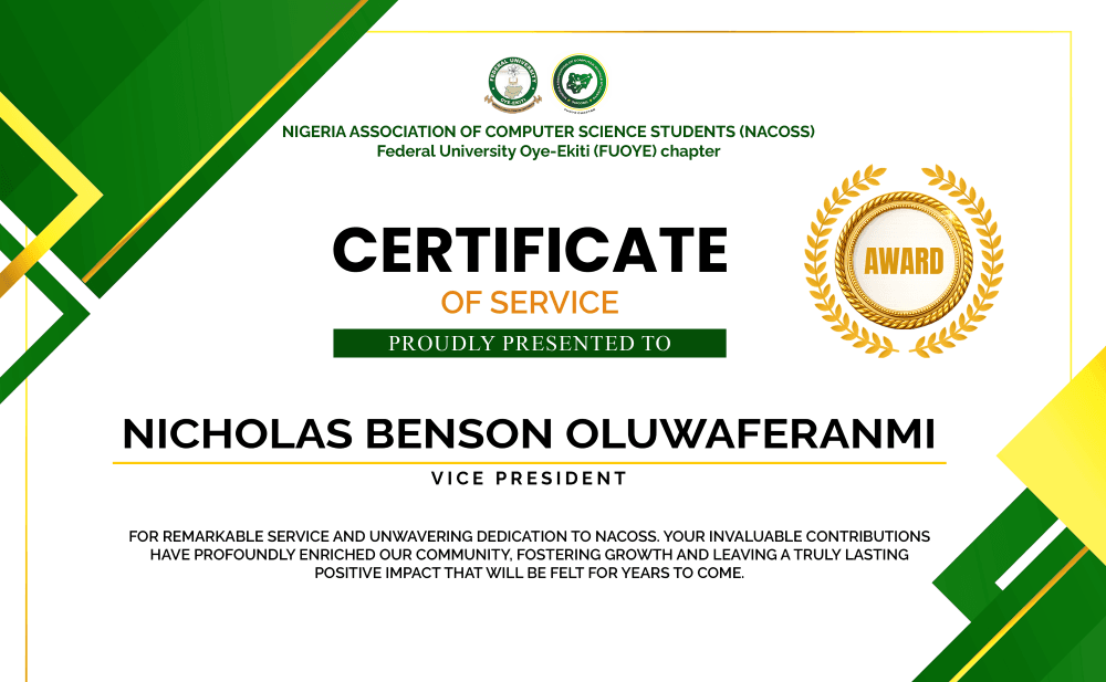 Vice President Certificate of Service — Department of Computer Science, FUOYE Award